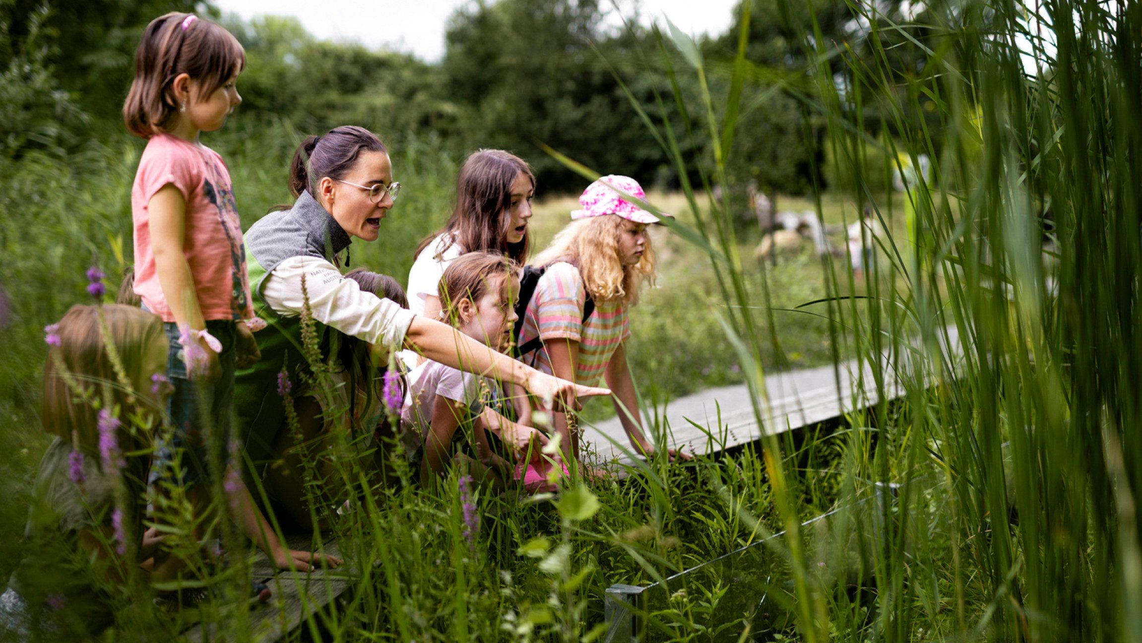 Eine Parkrangerin mit fünf Kindern, die auf einem Holzsteg im Schilf knieen und auf einen Punkt schauen auf den die Rangeri