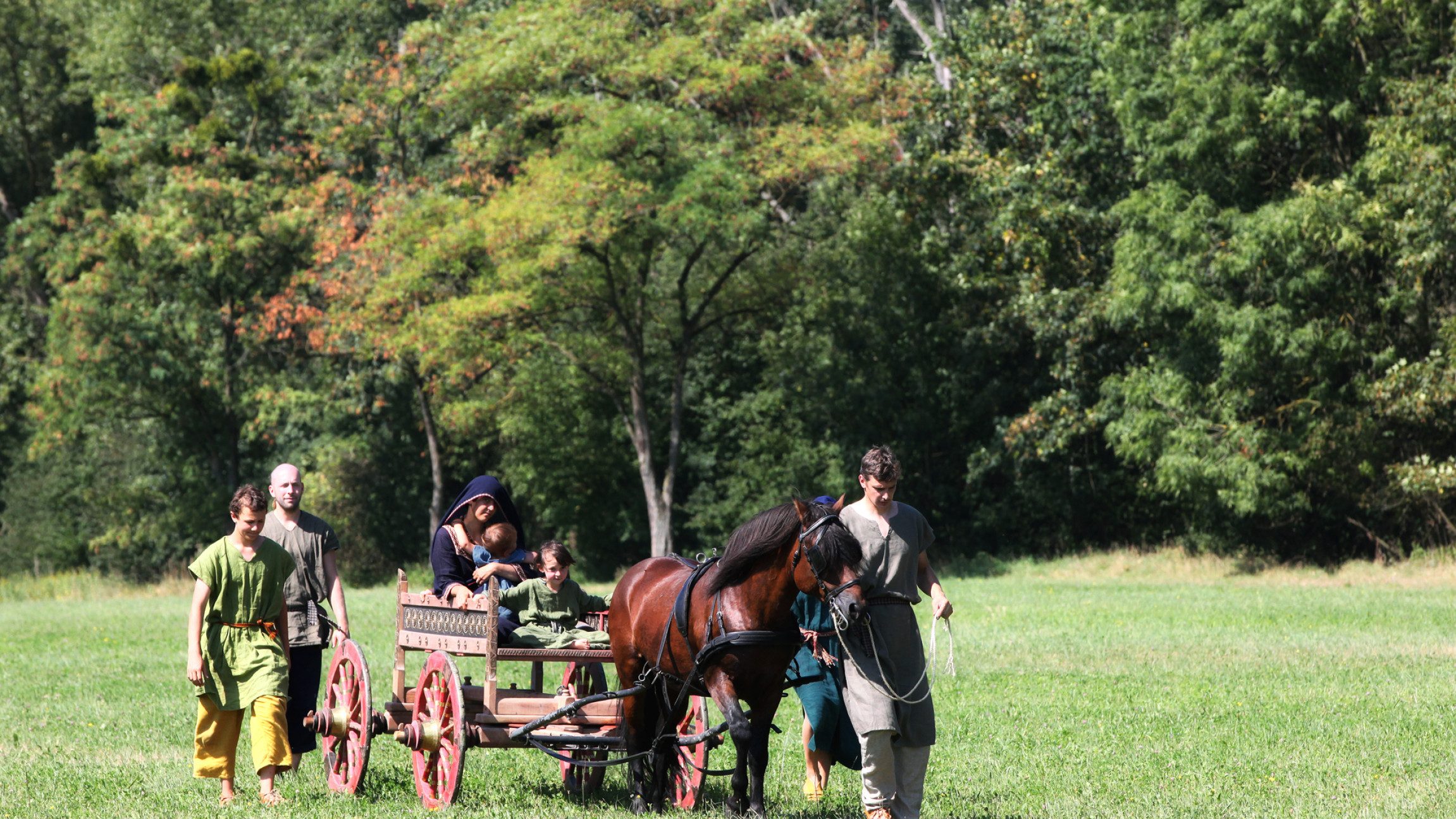 Blick auf eine rustikale Kutsche di von einem Pferd gezogen wird und um welche ein paar Menschen mit Keltengewand gehen.