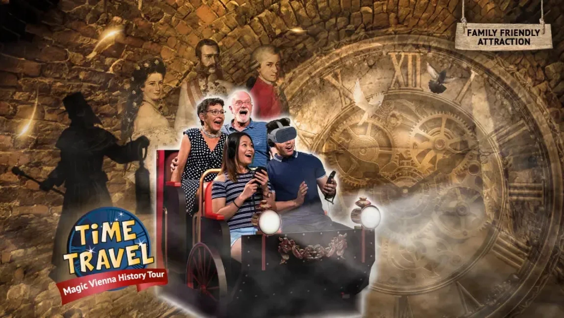 Gäste auf der Zeitreise mit VR-Brille bei Time Travel Vienna.