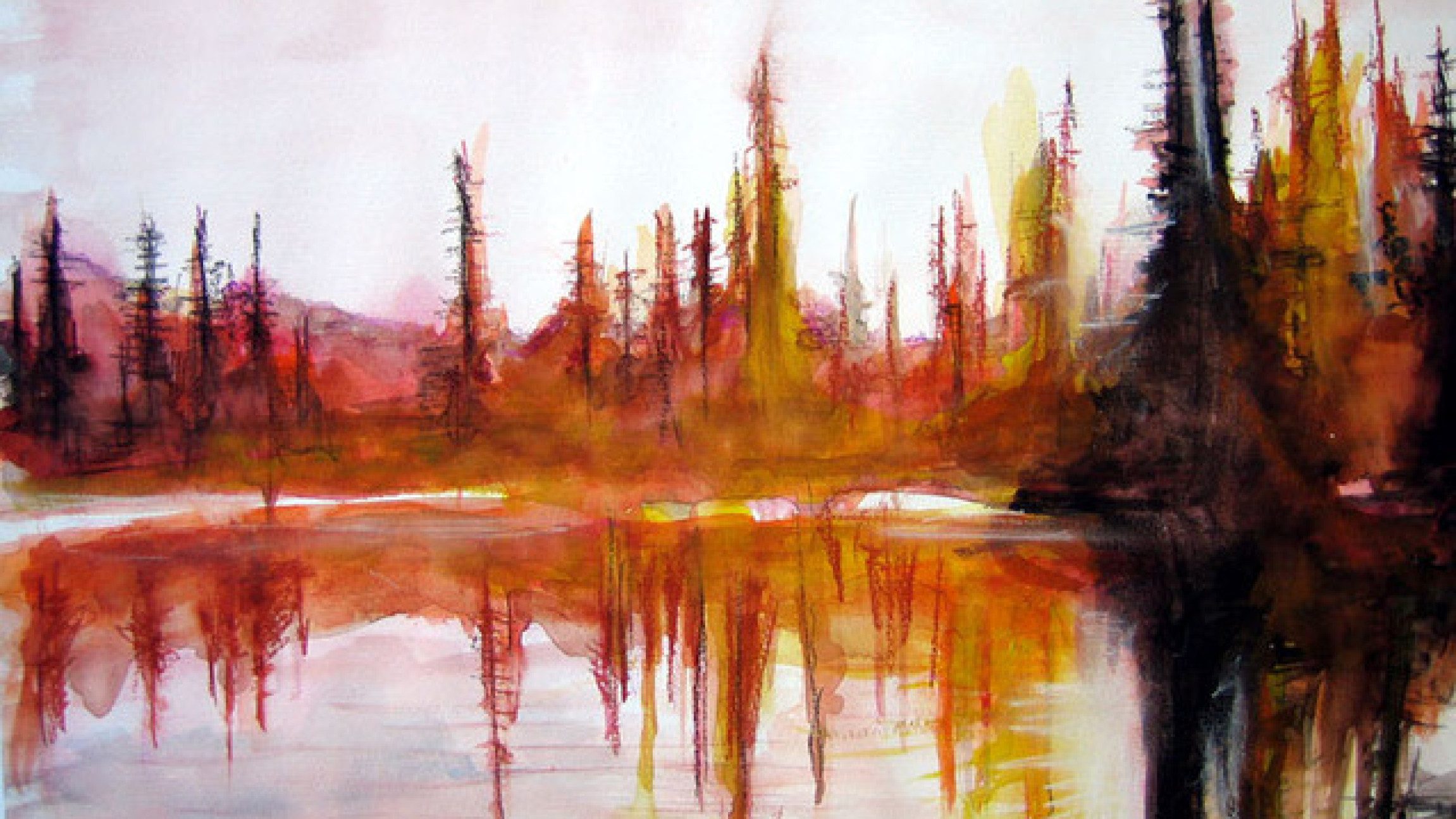 Bild eines bunten Gemäldes mit abstrakten Bäumen, die sich im Wasser spiegeln.