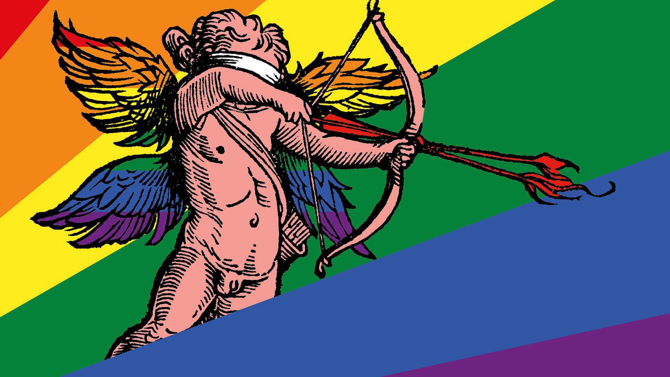 Bild von Amor vor einem Regenbogenhintergrund.